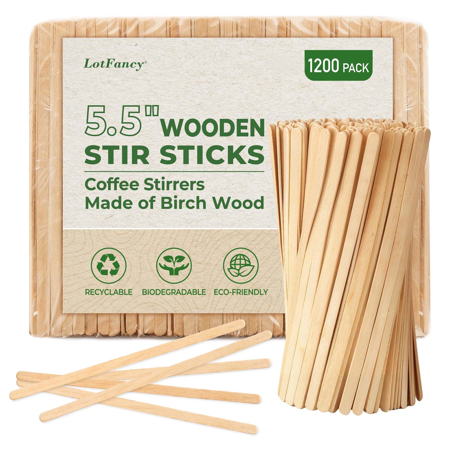 LotFancy 1200 Pack 5.5" Wood Coffee Stirrers, Birchwood Stir Sticks for Cocktails, Beverage