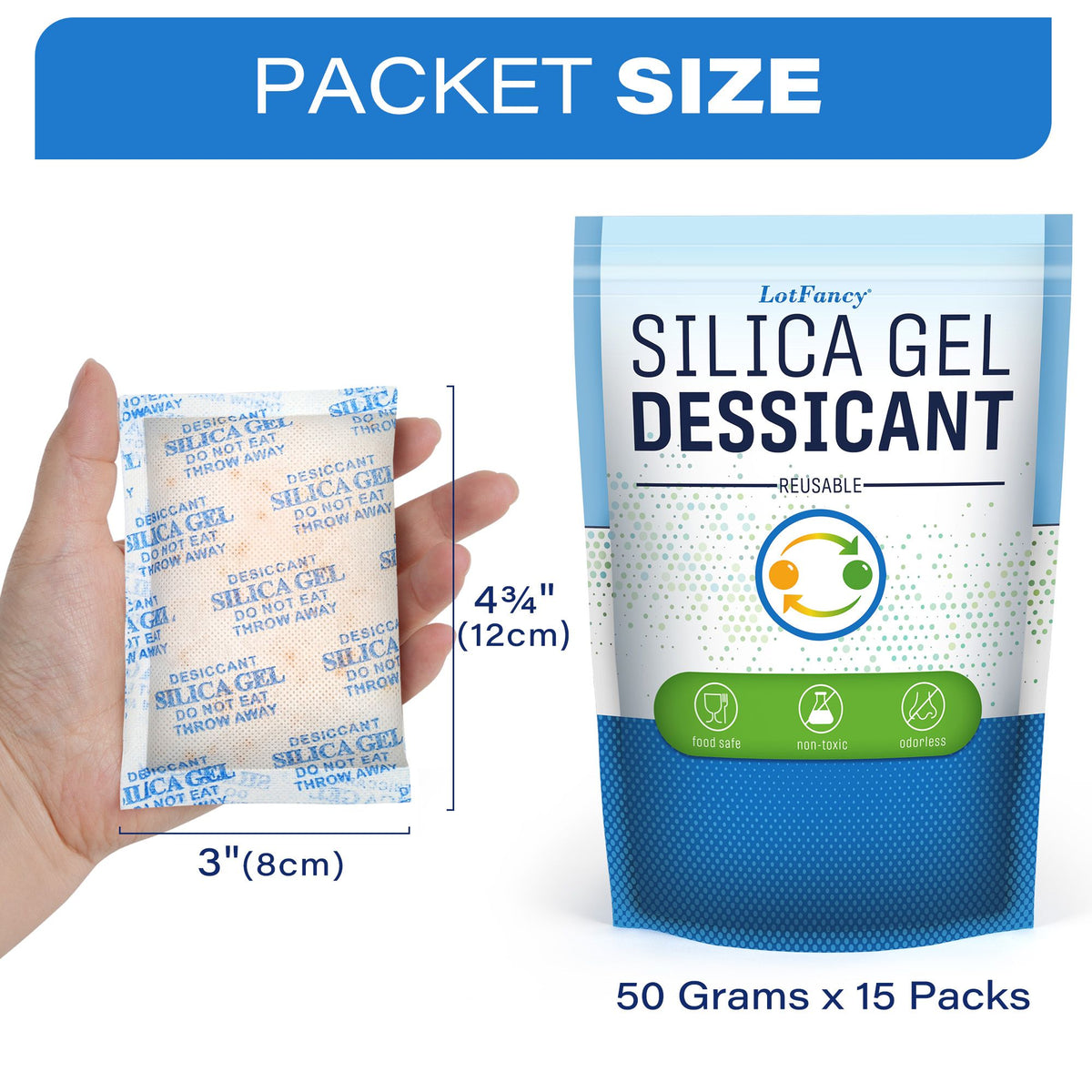 LotFancy 50 Gram 15 Packs Silica Gel Packets Desiccant Moisture Absorber Dehumidifier,Rechargeable