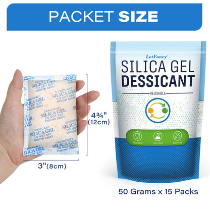 LotFancy 50 Gram 15 Packs Silica Gel Packets Desiccant Moisture Absorber Dehumidifier,Rechargeable
