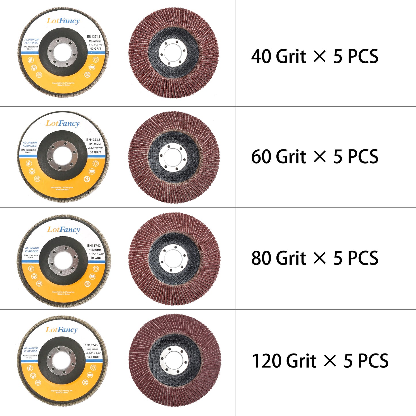 LotFancy Flap Disc 4 1/2 in, 20Pcs, 40-120 Grit Grinding Sanding Wheels, Type #27