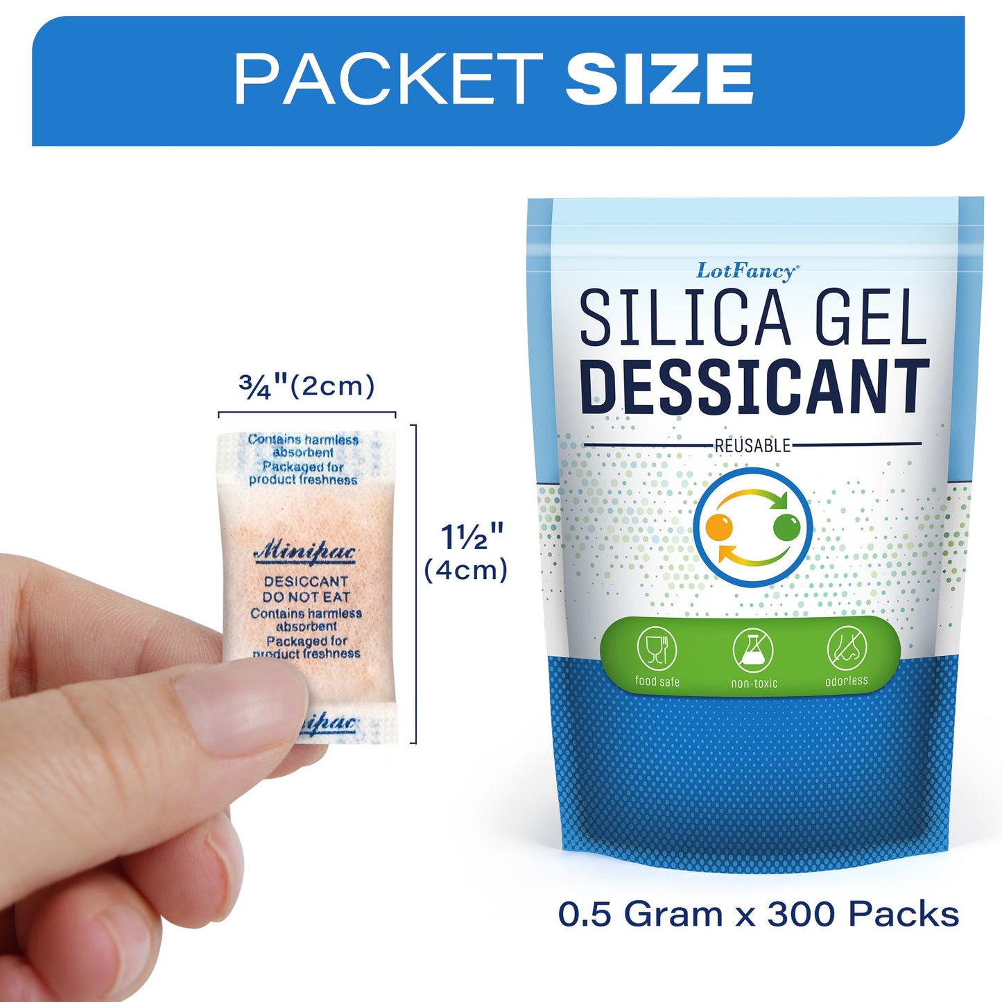 LotFancy Silica Gel Packets, 300 Packs 0.5 Gram, Rechargeable Indicating Desiccant Dehumidifier