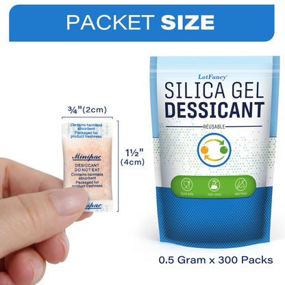 LotFancy Silica Gel Packets, 300 Packs 0.5 Gram, Rechargeable Indicating Desiccant Dehumidifier