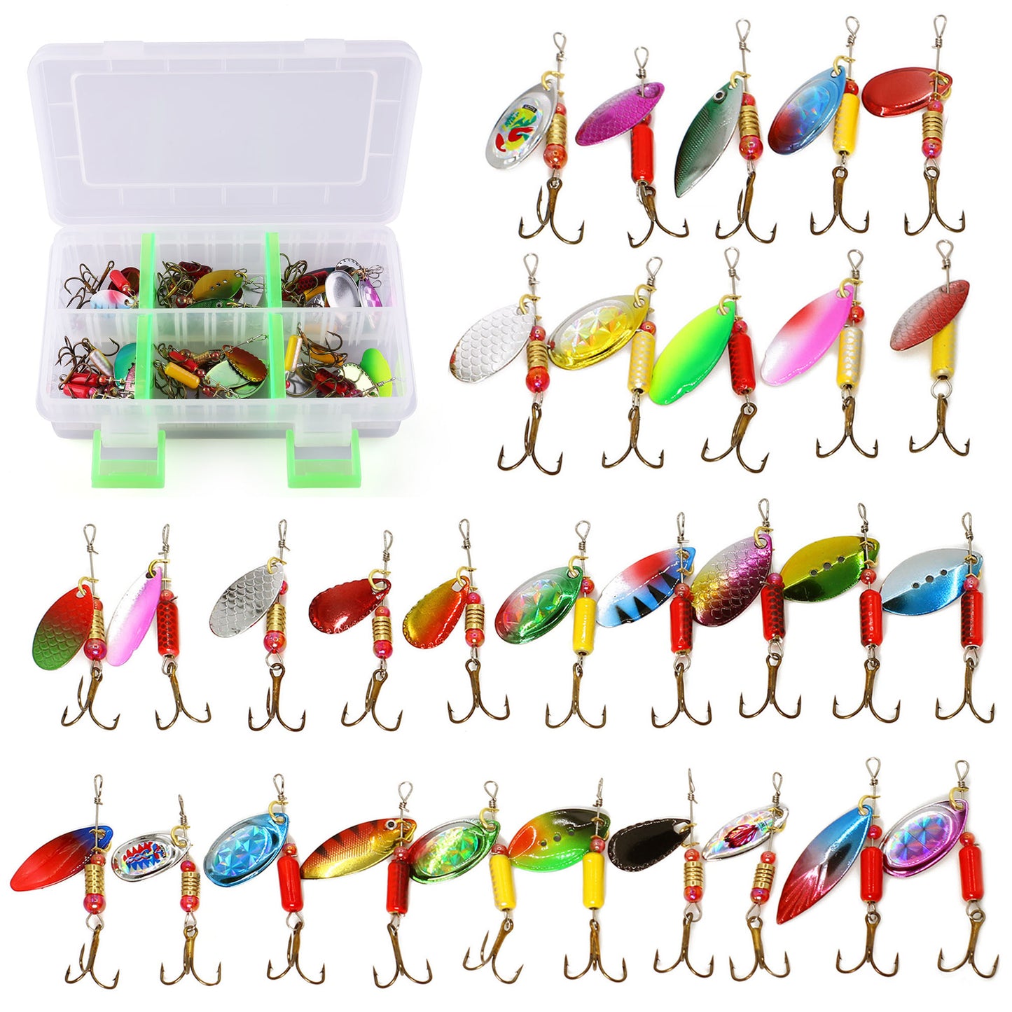 LotFancy Fishing Lures, 30 PCS Spinner Baits for Bass Perch Pike Walleye Trout Salmon, Assorted Hard Metal Spinner Lures Kit, Fit Saltwater and Freshwater