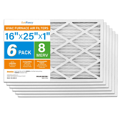 LotFancy 16x25x1 Air Filters, 6 Pack, MERV 8 Pleated HVAC AC Furnace Filters