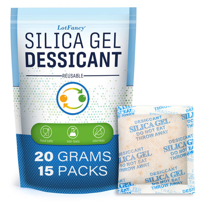 LotFancy 15 Packs 20 Gram Silica Gel Packets, Indicating Desiccant Packets