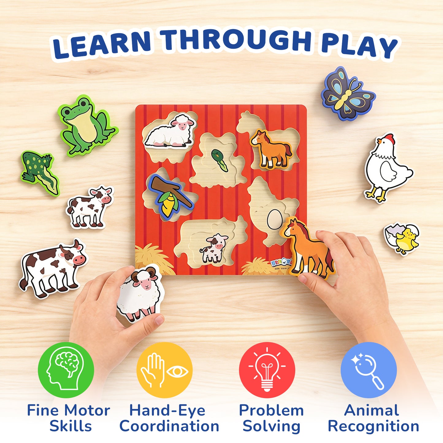 BenBen Wooden Puzzles for Toddlers 1-3, Life Cycle Animal Toddler Puzzles, Montessori Toys
