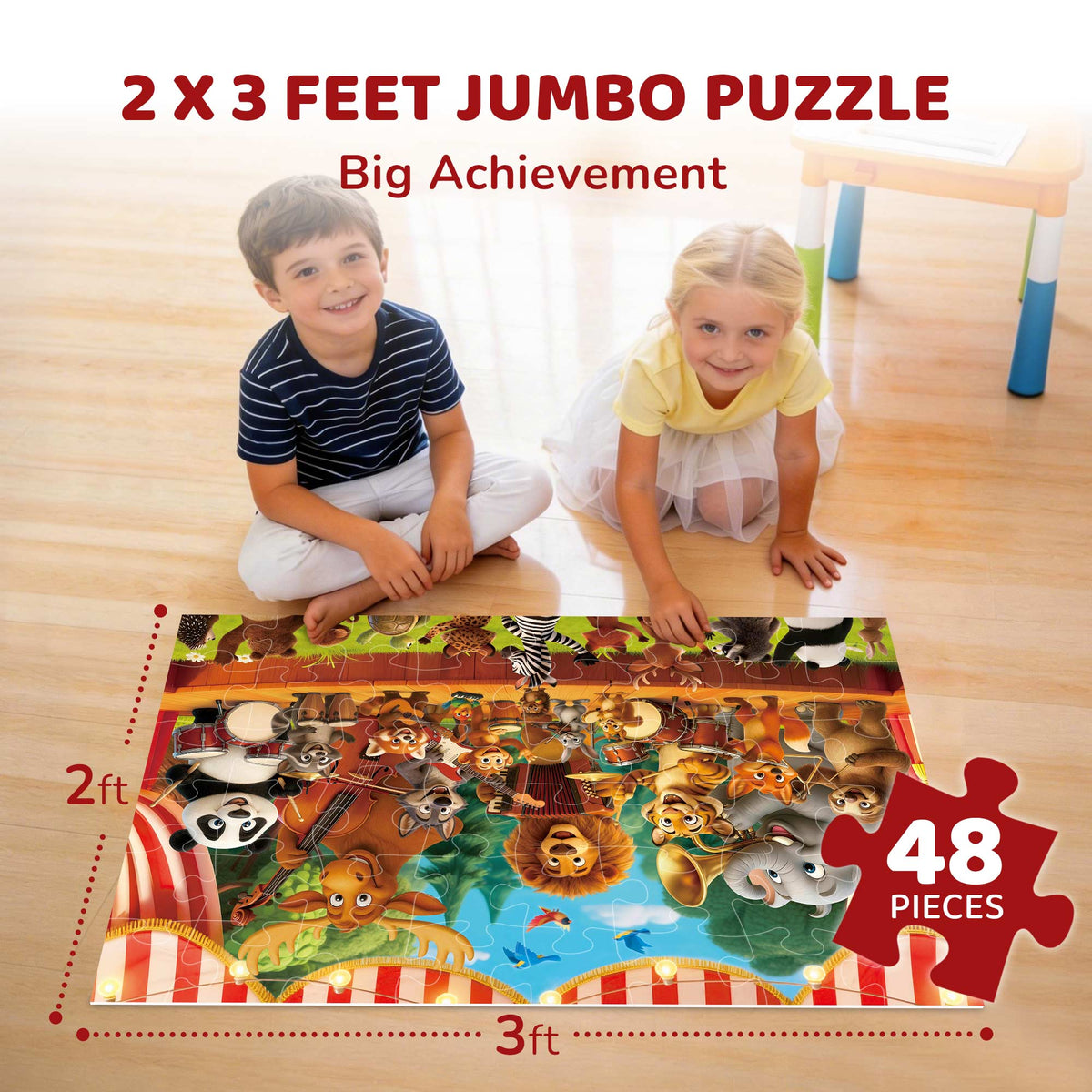 BenBen 48 Piece Puzzle for Kids Ages 3-6, Animal Concert 2 x 3 feet Jumbo Floor Puzzle for Toddlers