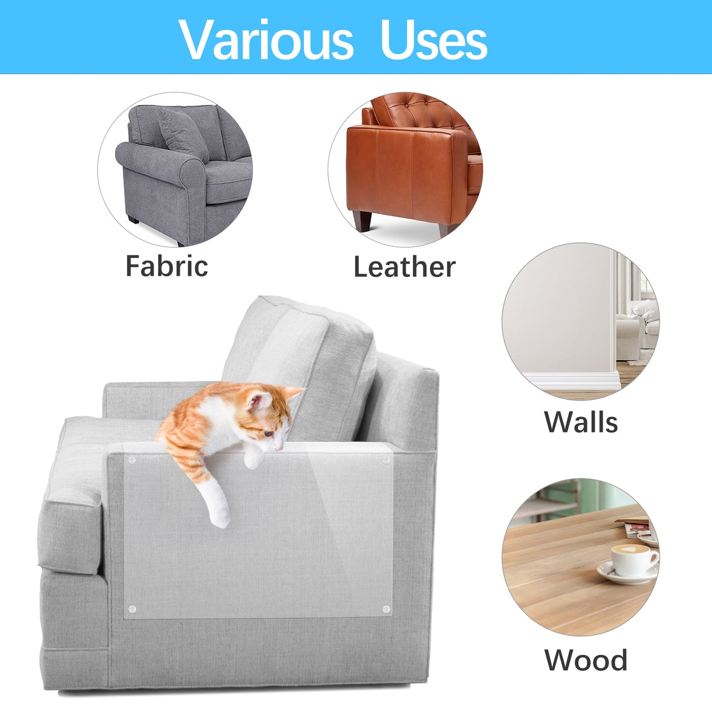 Prime Pets 8 Pack Cat Scratch Couch Protector, Cat Scratch Furniture Deterrent Tape with Pins, Clear