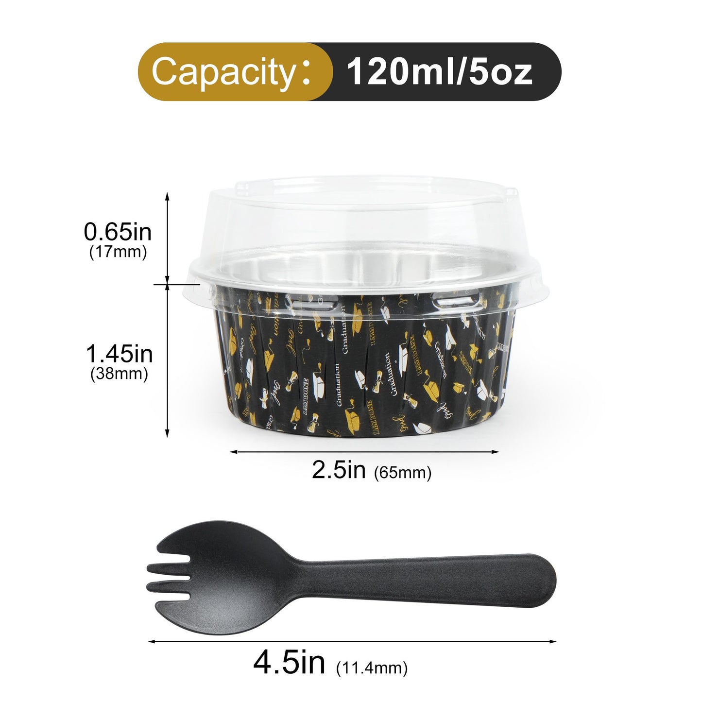 LotFancy 50 Graduation Theme Baking Cups with Lid & Spoon, 5oz Foil Cupcake Liners for Party ,Black