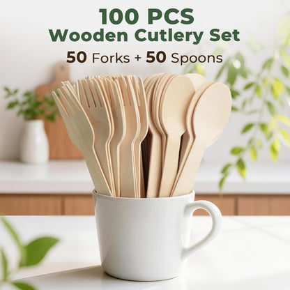 LotFancy 100 Pc Disposable Utensils, Wooden Disposable Cutlery Set,50 Forks, 50 Spoons