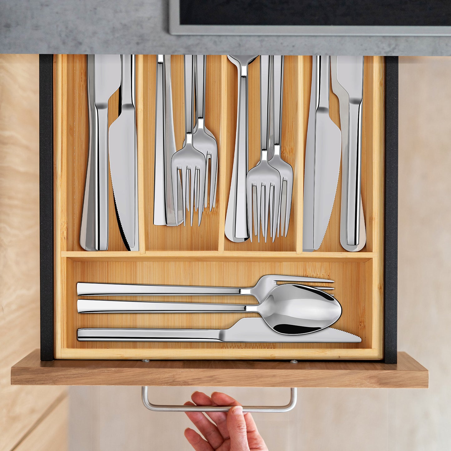 LotFancy Bamboo Kitchen Drawer Organizer for Large Cutlery, Utensil Holder and Silverware Tray