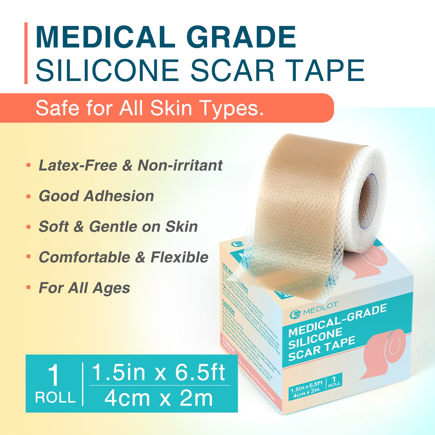 MEDLOT Silicone Scar Tape, Silicone Scar Sheets for Scar Treatment, Reusable, 1.5" x 78" Roll