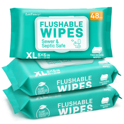 LotFancy Extra Large Flushable Wet Wipes, Thickened Butt Wipes, 3 Packs x 48 Ct, 144 Total Wipes WMT