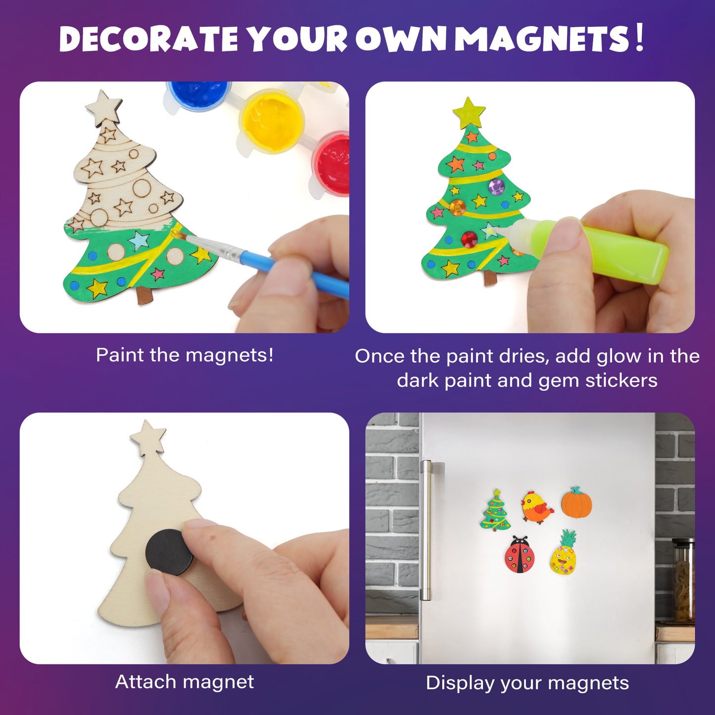BenBen DIY Wooden Magnets, Glow in The Dark, Wood Arts & Crafts Painting Kit for Kids Girls Boys