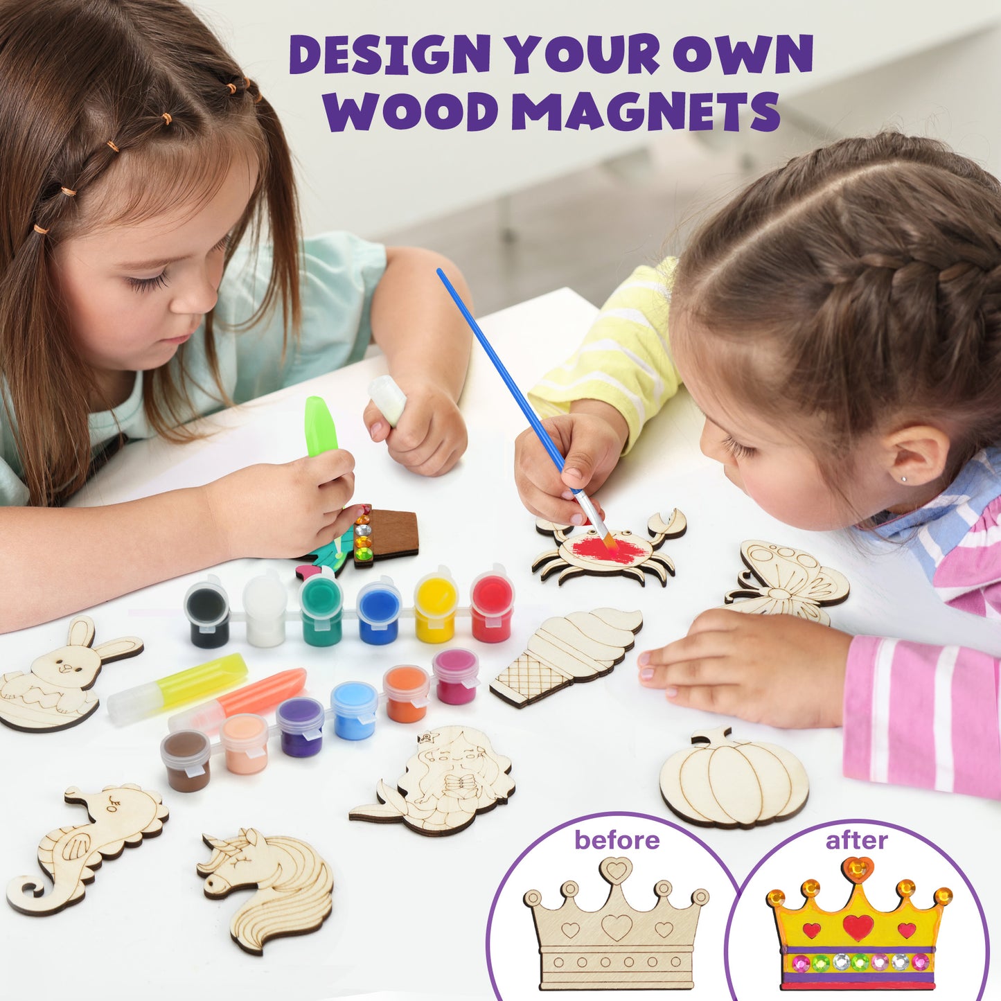BenBen DIY Wooden Magnets, Glow in The Dark, Wood Arts & Crafts Painting Kit for Kids Girls Boys