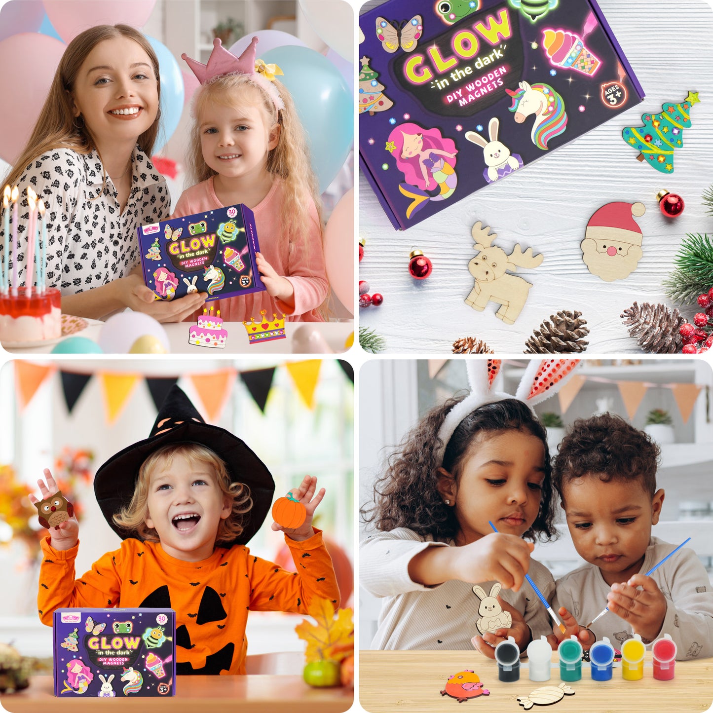 BenBen DIY Wooden Magnets, Glow in The Dark, Wood Arts & Crafts Painting Kit for Kids Girls Boys