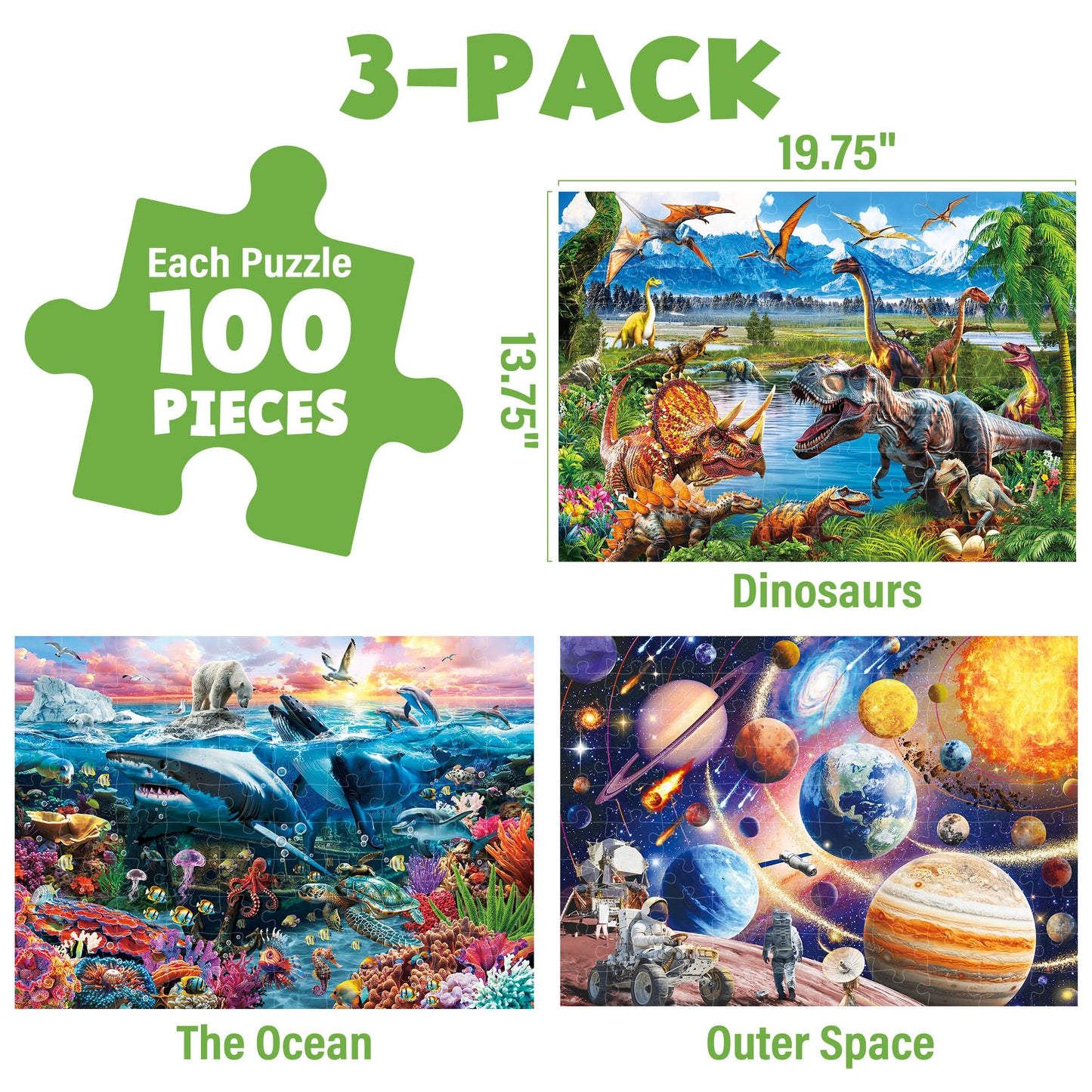 BenBen 100 piece Jigsaw Puzzles for Kids Ages 4-8,Dinosaurs,Underwater, World Solar, 19.75" x 13.75"