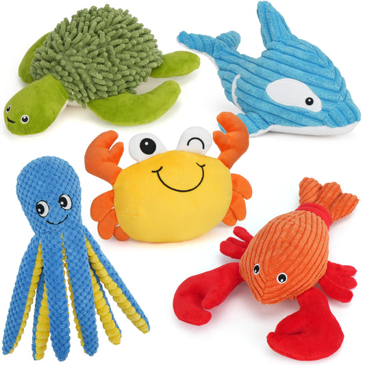 Prime Pets Dog Toys, 5pc Plush Ocean Animal Dog Squeaky Toy, Crinkle Pet Toy, Stuffed Puppy Chew Toys