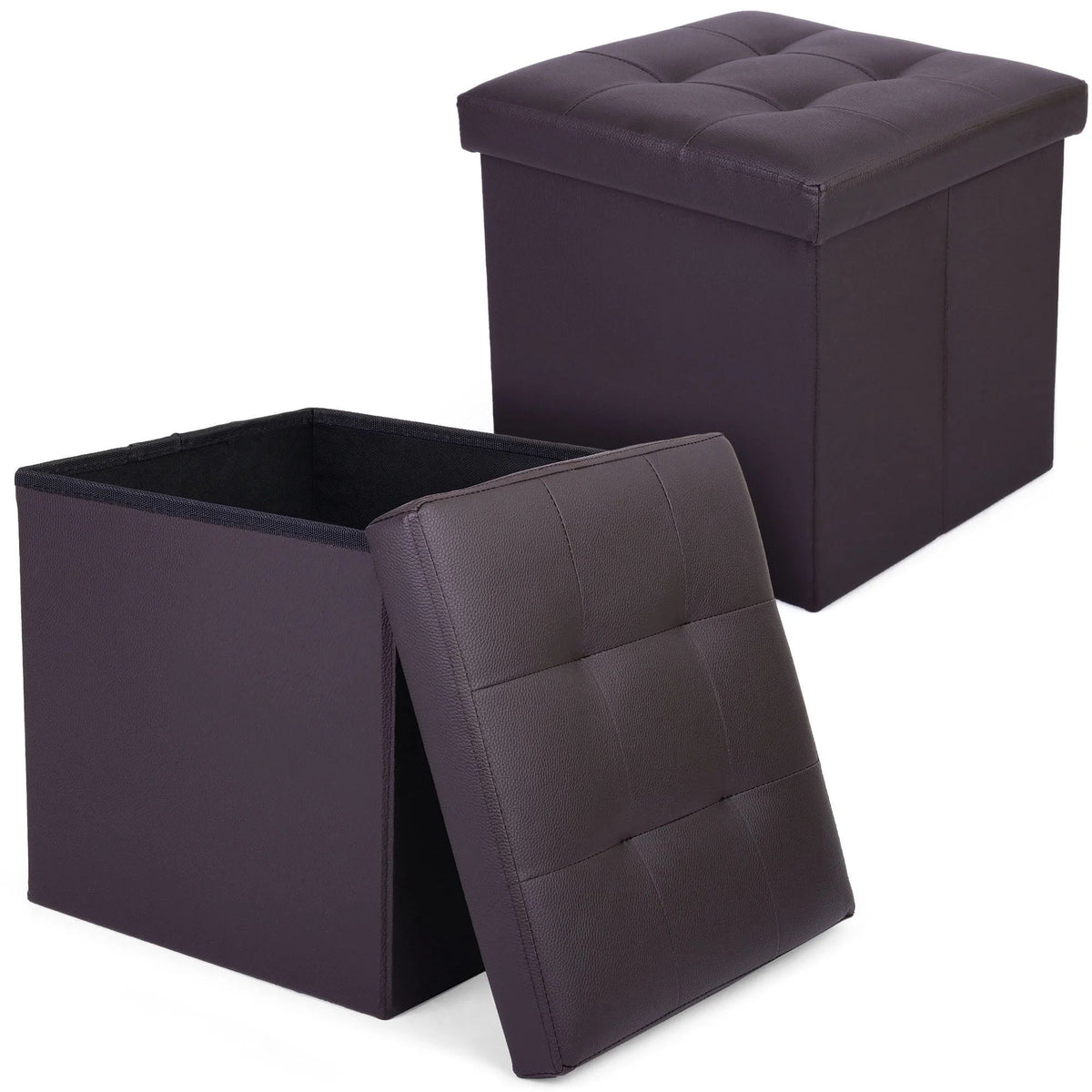LotFancy 2 Pack 13" Faux Leather Storage Ottoman Cube, Square Foot Stool Ottoman with Storage, Brown
