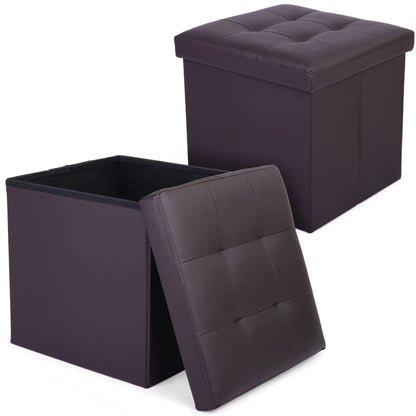 LotFancy 2 Pack 13" Faux Leather Storage Ottoman Cube, Square Foot Stool Ottoman with Storage, Brown