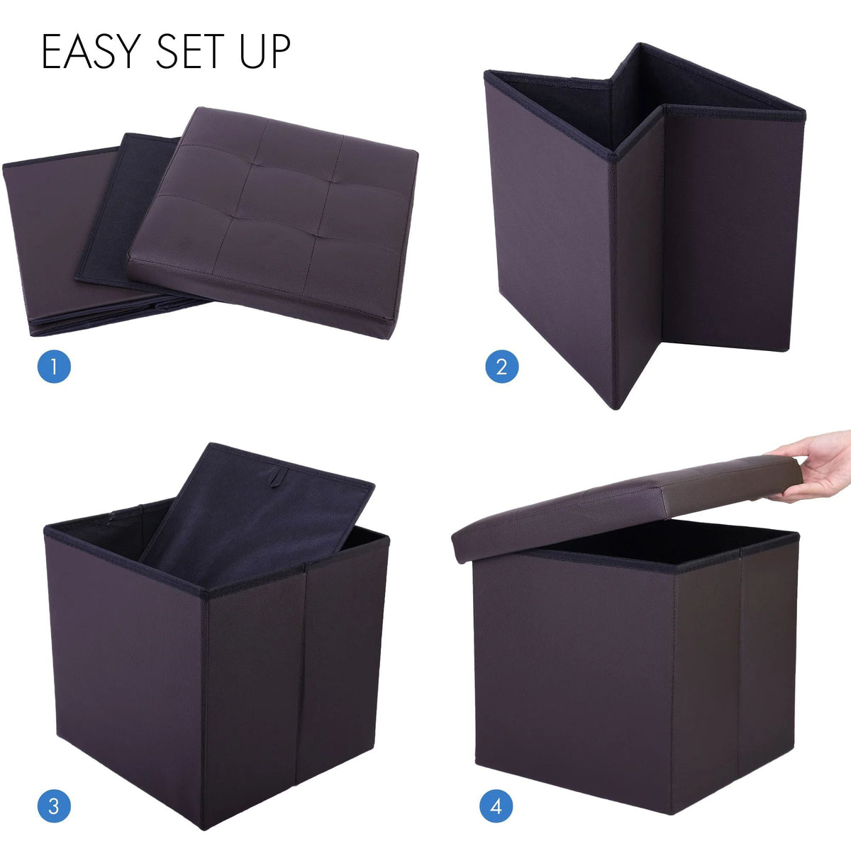 LotFancy 2 Pack 13" Faux Leather Storage Ottoman Cube, Square Foot Stool Ottoman with Storage, Brown