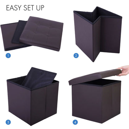 LotFancy 2 Pack 13" Faux Leather Storage Ottoman Cube, Square Foot Stool Ottoman with Storage, Brown