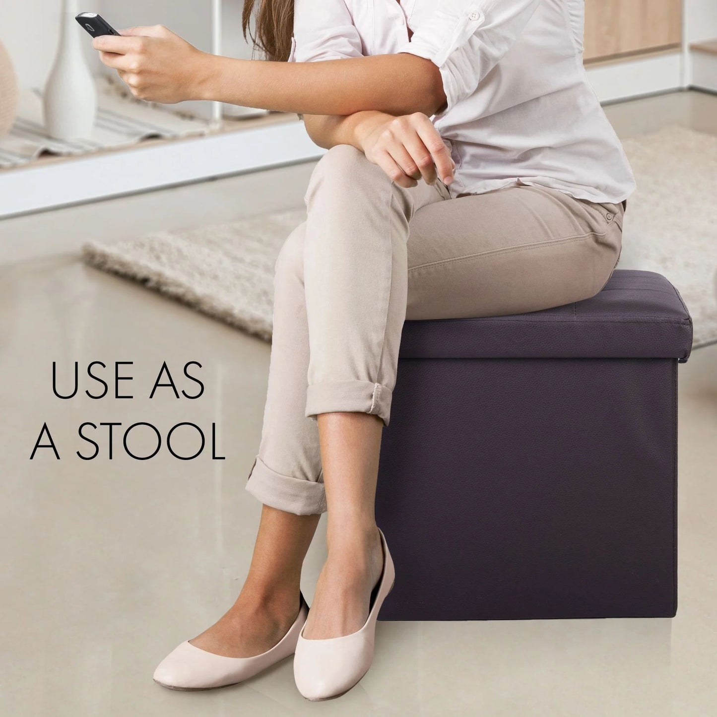 LotFancy 2 Pack 13" Faux Leather Storage Ottoman Cube, Square Foot Stool Ottoman with Storage, Brown