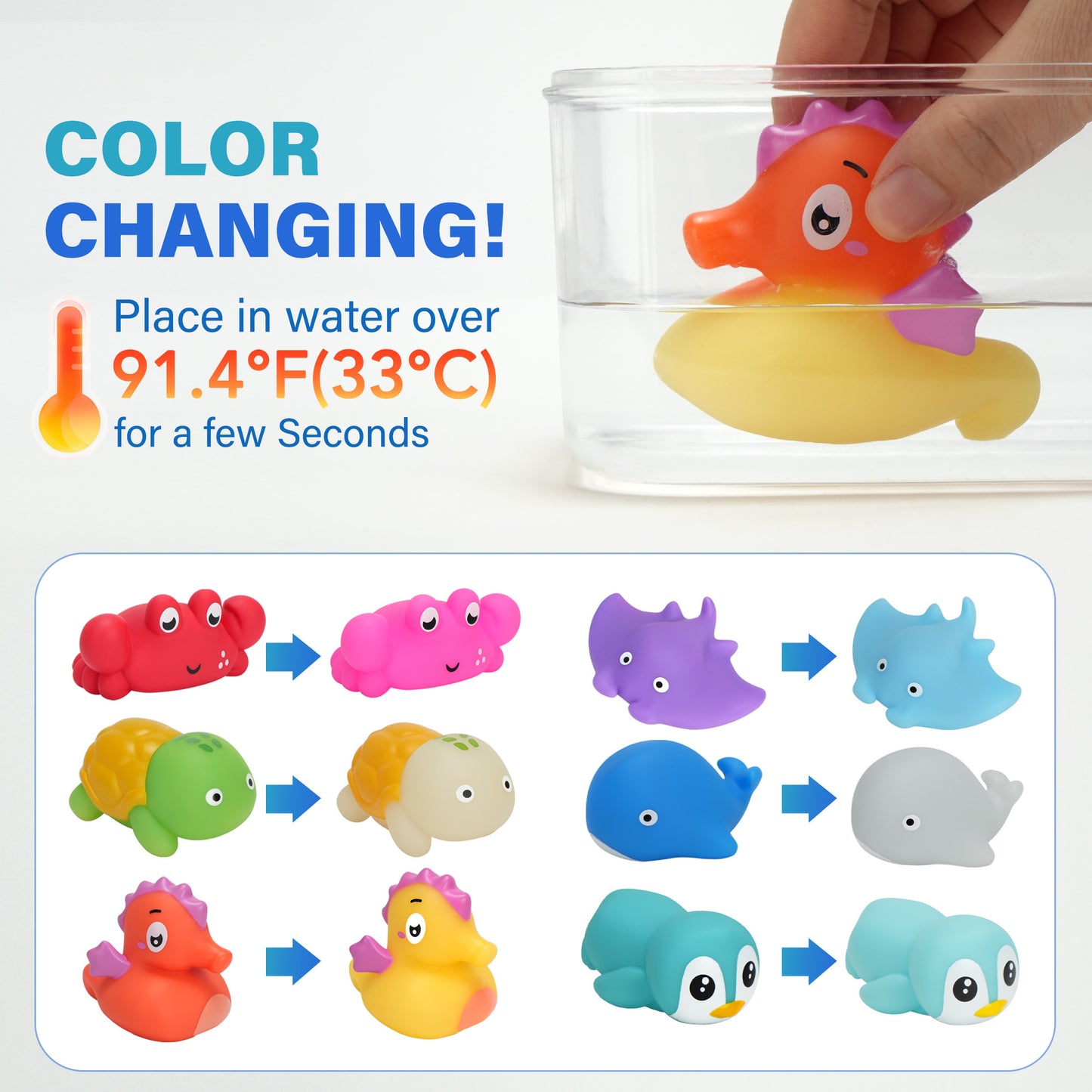 BenBen 6Pcs Color Changing Bath Toys for Toddler, No Hole Mold Free Ocean Animal Baby Bathtub Toys