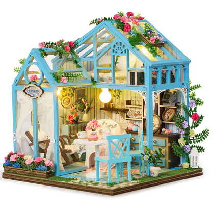BenBen DIY Miniature House Kit, Garden Tea House Model Craft Kits for Adults, Teens, Mini House Building Kit with Furniture, LED Lights, Dollhouse Diorama to Build for Home Decor