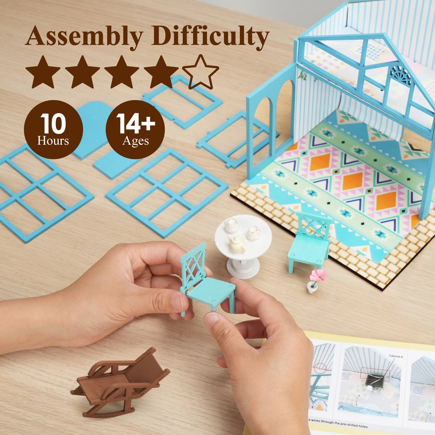 BenBen DIY Miniature House Kit, Garden Tea House Model Craft Kits for Adults, Teens, Mini House Building Kit with Furniture, LED Lights, Dollhouse Diorama to Build for Home Decor