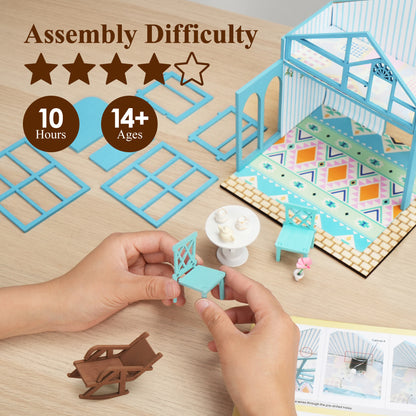 BenBen DIY Miniature House Kit, Garden Tea House Model Craft Kits for Adults, Teens, Mini House Building Kit with Furniture, LED Lights, Dollhouse Diorama to Build for Home Decor