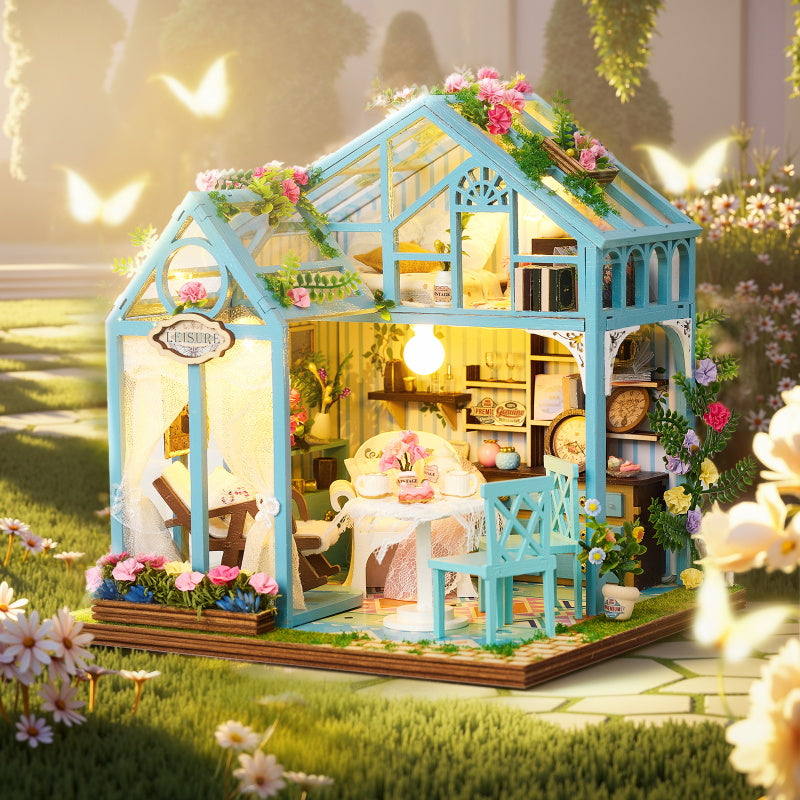 BenBen DIY Miniature House Kit, Garden Tea House Model Craft Kits for Adults, Teens, Mini House Building Kit with Furniture, LED Lights, Dollhouse Diorama to Build for Home Decor