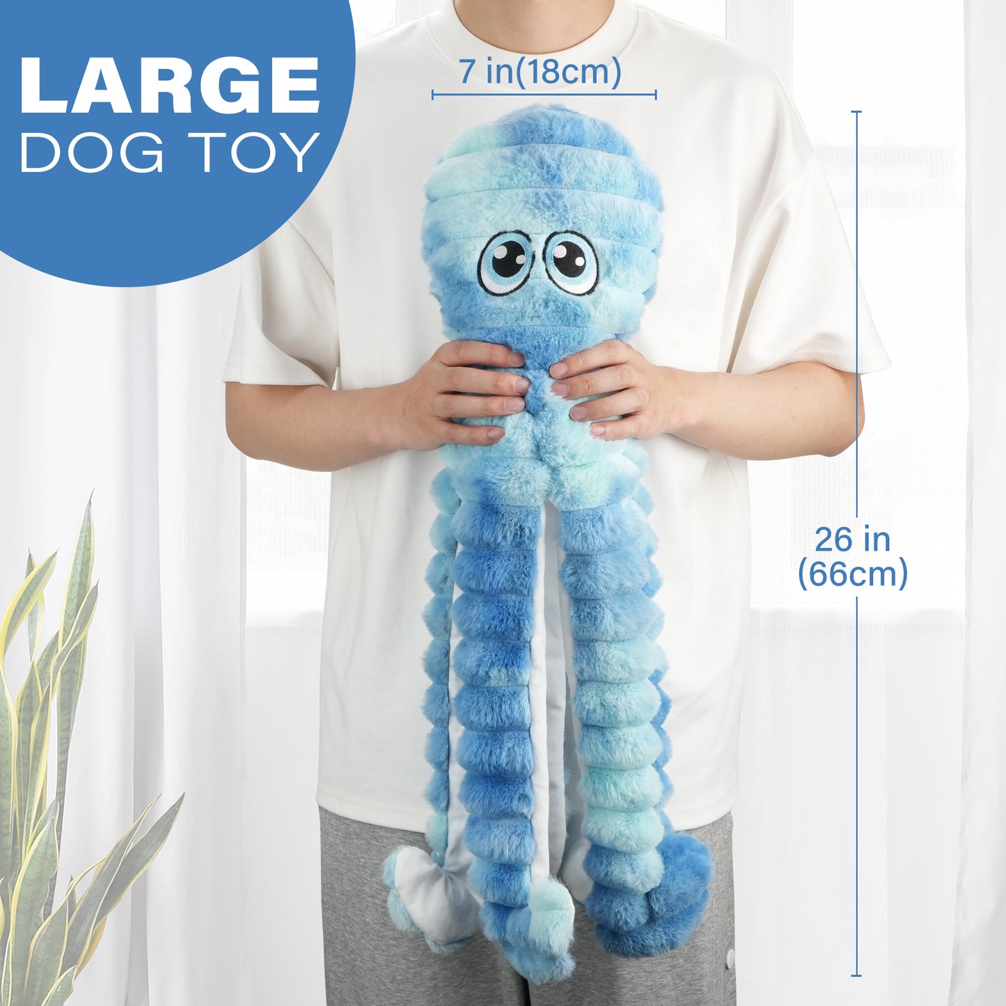 Prime Pets Dog Toys for Large Dogs, 27" Extra Large Plush Crinkle Squeaky Dog Toys, Tie-dye Blue Octopus
