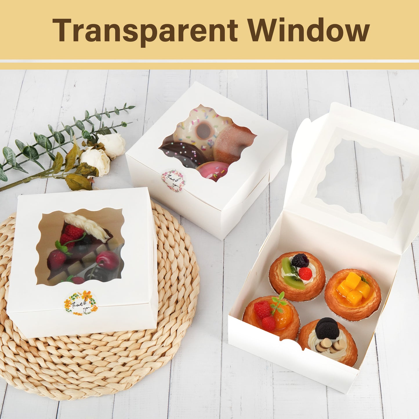 LotFancy White Cookie Boxes with Window, 6x6x3 in Bakery Boxes, 24 Pcs Mini Cake Boxes for Dessert