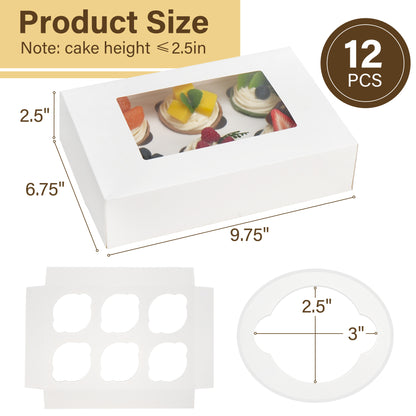LotFancy 6 Count Cupcake Boxes, 12pc Cupcake Containers with Window and Inserts for Bakery Supplies