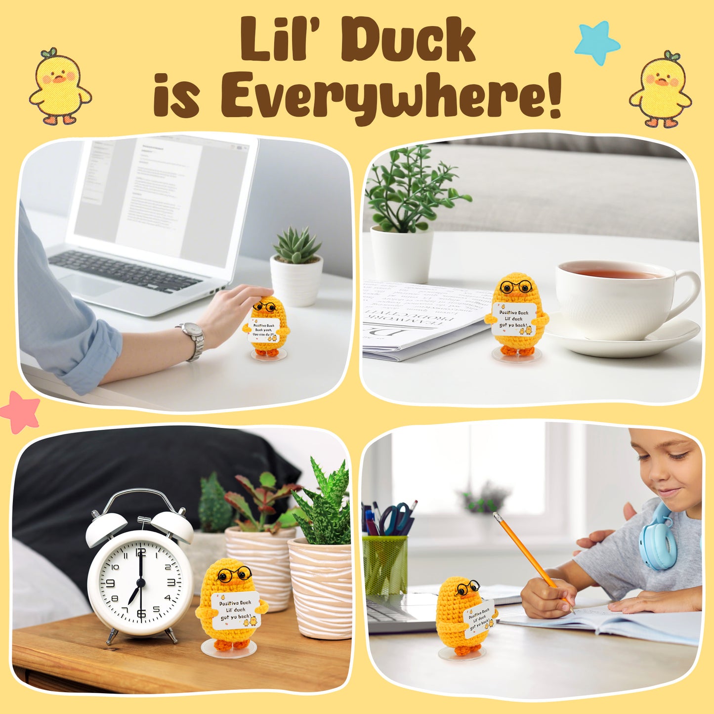LotFancy Positive Crochet Animals, Emotional Support Crochet Duck Stuffed Animals with Positive Cards, Brithday Inspirational Gifts for Women Men Teens