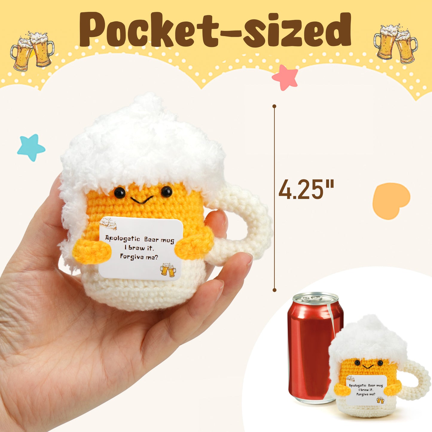 LotFancy Positive Crochet Animals, Emotional Support Crochet Beer Mug Plush with Positive Cards, Mini Funny Brithday Gifts for Women Men Teens