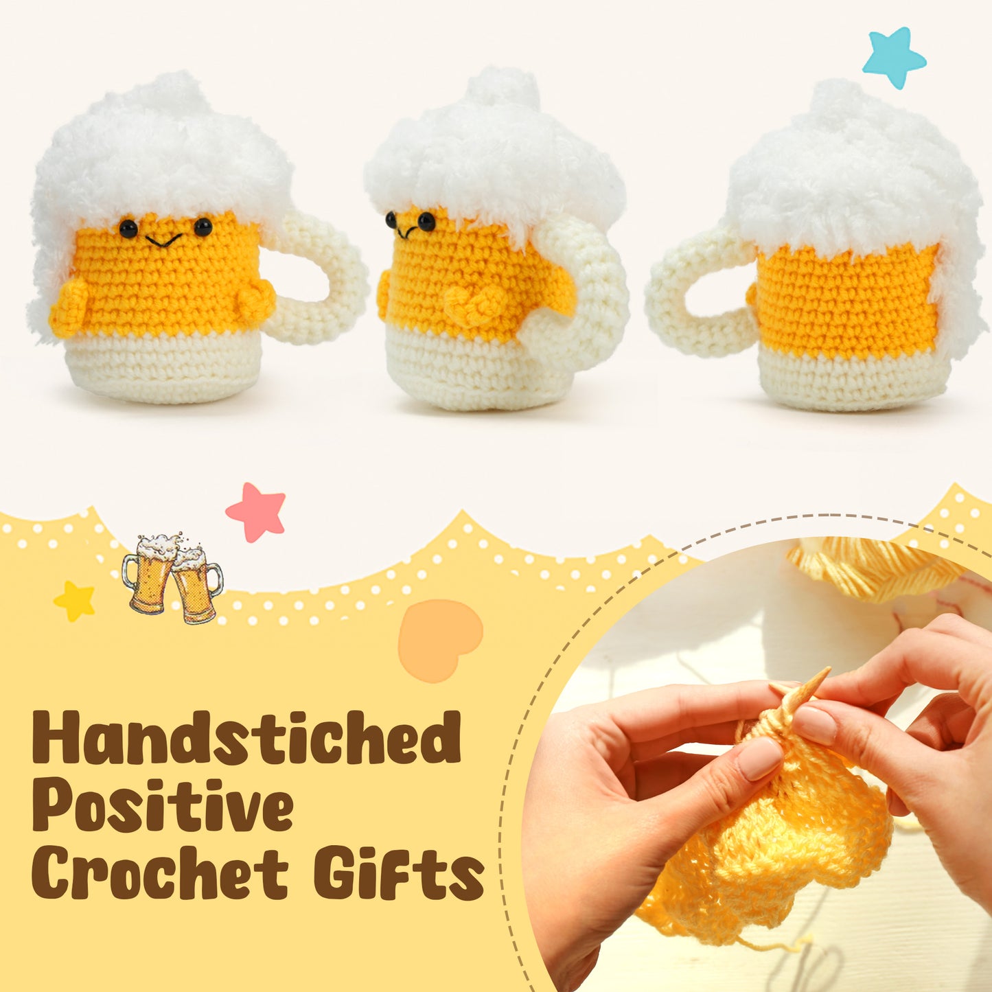 LotFancy Positive Crochet Animals, Emotional Support Crochet Beer Mug Plush with Positive Cards, Mini Funny Brithday Gifts for Women Men Teens