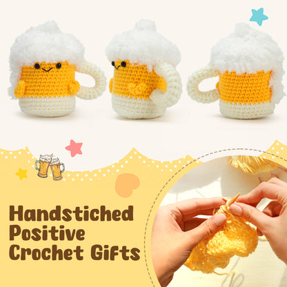 LotFancy Positive Crochet Animals, Emotional Support Crochet Beer Mug Plush with Positive Cards, Mini Funny Brithday Gifts for Women Men Teens
