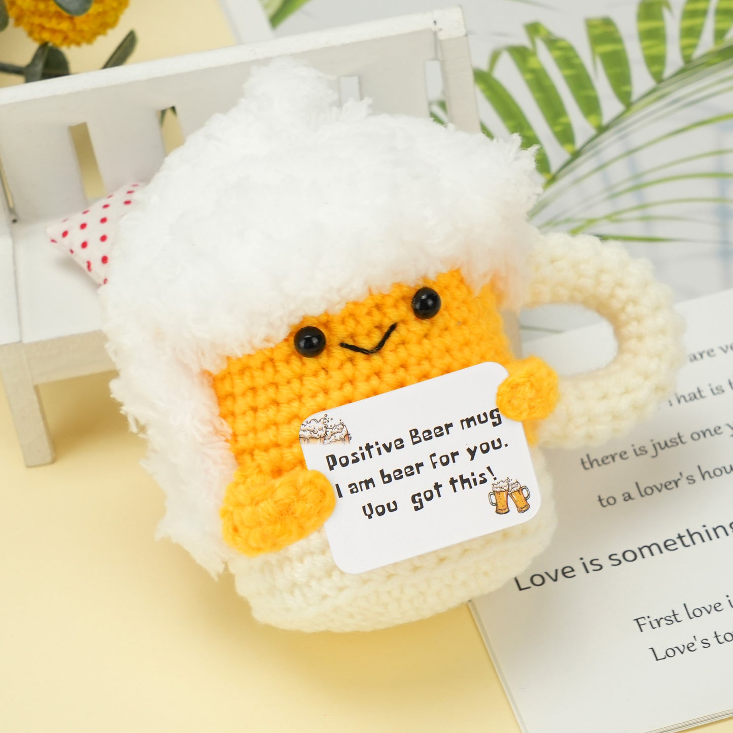 LotFancy Positive Crochet Animals, Emotional Support Crochet Beer Mug Plush with Positive Cards, Mini Funny Brithday Gifts for Women Men Teens