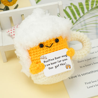 LotFancy Positive Crochet Animals, Emotional Support Crochet Beer Mug Plush with Positive Cards, Mini Funny Brithday Gifts for Women Men Teens