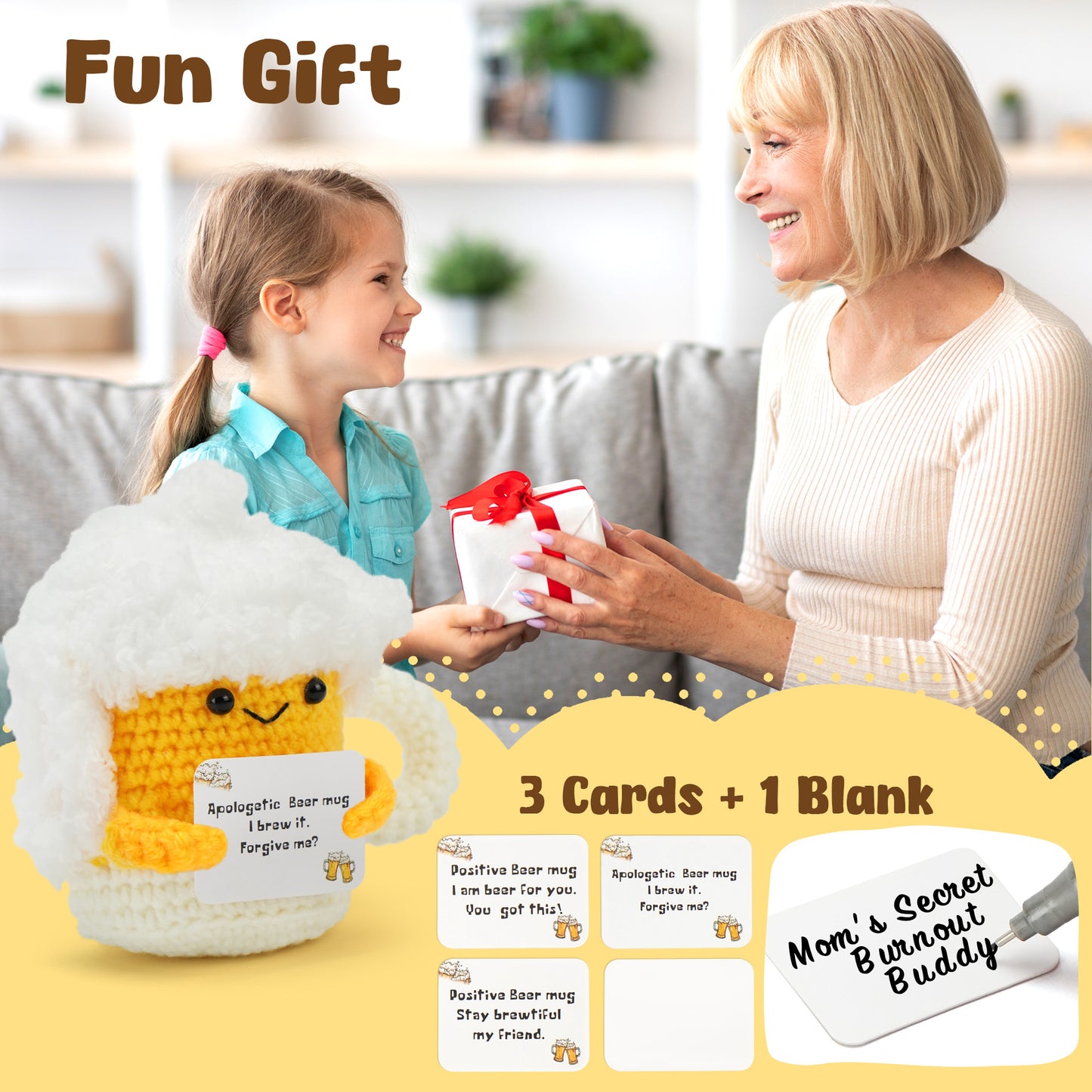 LotFancy Positive Crochet Animals, Emotional Support Crochet Beer Mug Plush with Positive Cards, Mini Funny Brithday Gifts for Women Men Teens
