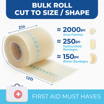 LotFancy Hydrocolloid Roll, 2in x 12ft, Waterproof Hydrocolloid Bandages, Adhesive Wound Dressing Tape