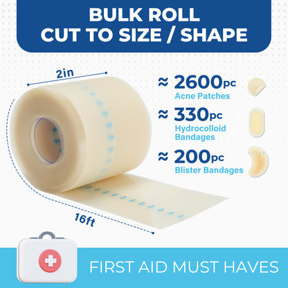 LotFancy Hydrocolloid Roll, 2in x 16ft, Cut to Size Hydrocolloid Bandage, Adhesive Wound Dressing Tape