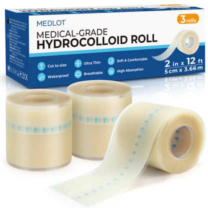 LotFancy Hydrocolloid Bandage Roll, 2in x 12ft, 3 Rolls, Waterproof Hydrocolloid Adhesive Dressing
