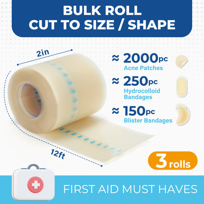 LotFancy Hydrocolloid Bandage Roll, 2in x 12ft, 3 Rolls, Waterproof Hydrocolloid Adhesive Dressing
