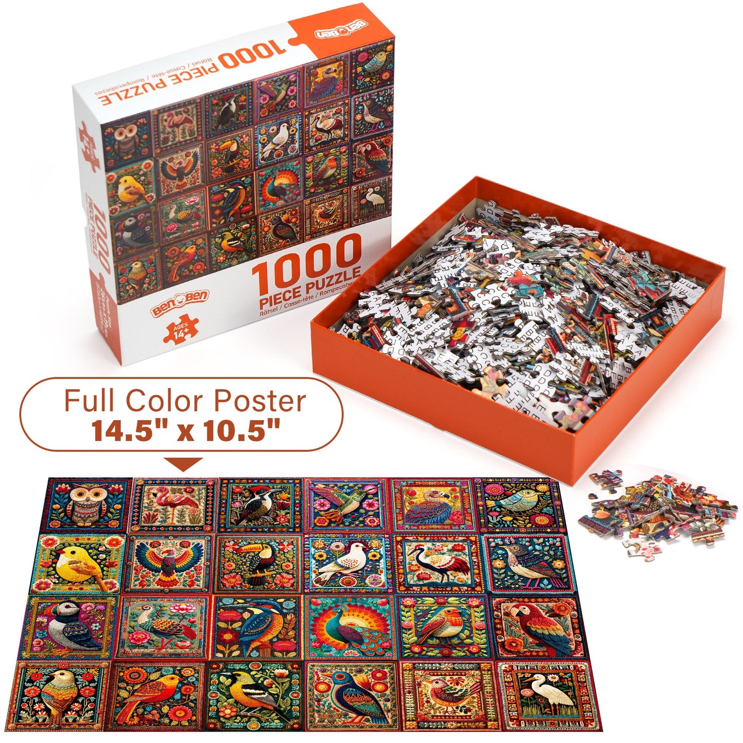 BenBen 1000 Pieces Puzzles For Adults, Cozy Bird Crochet Art,Bird Jigsaw Puzzle with Letters on Back