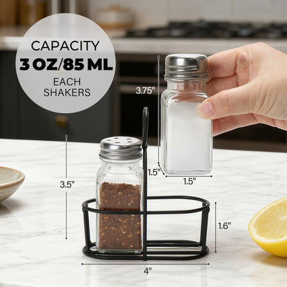 LotFancy Farmhouse Salt and Pepper Shakers Set with Lid, Glass Bottles with Galvanized Caddy Holder