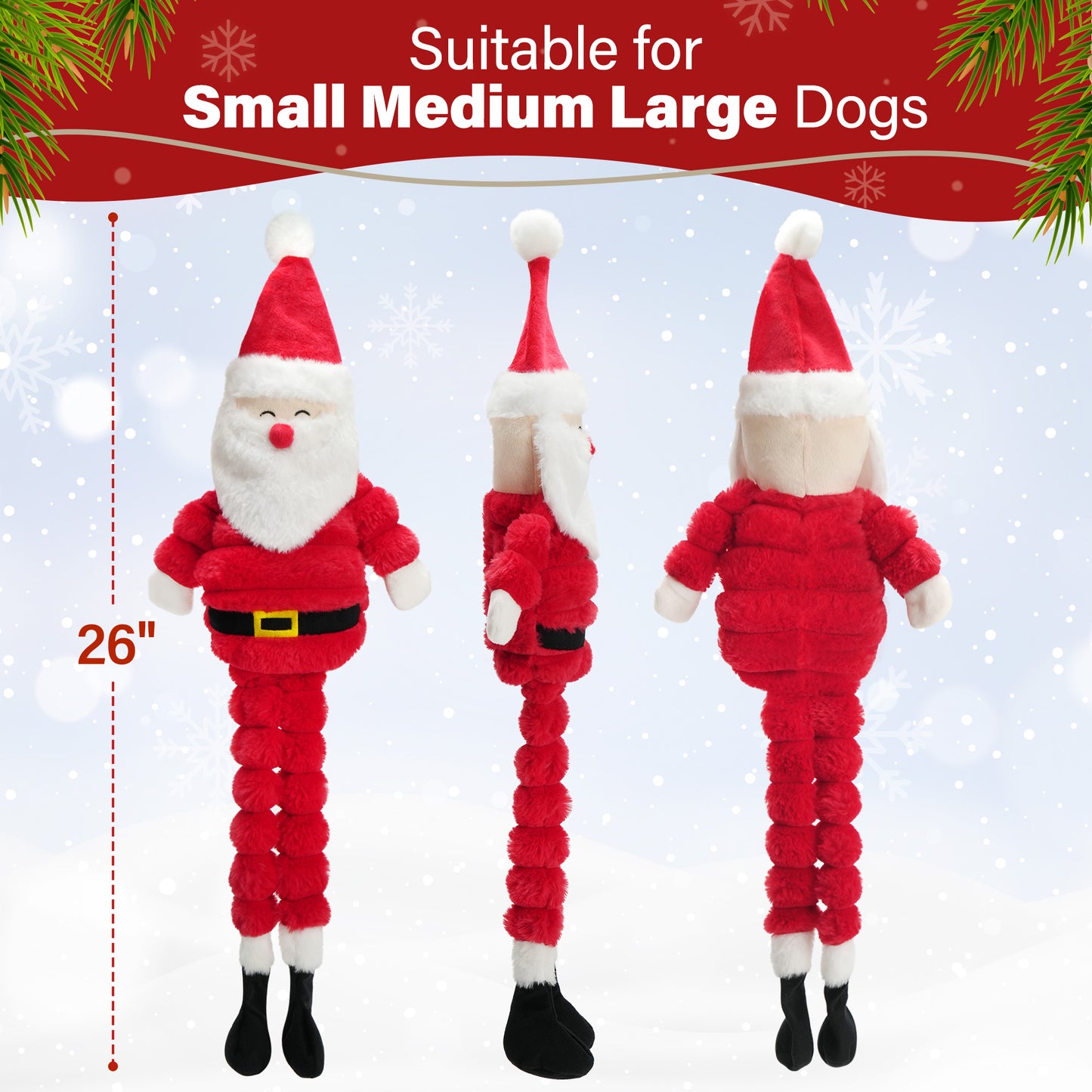 Prime Pets Christmas Dog Toys, 26" Large Plush Squeaky Dog Toys,Stuffed Crinkle Santa Puppy Chew Toy
