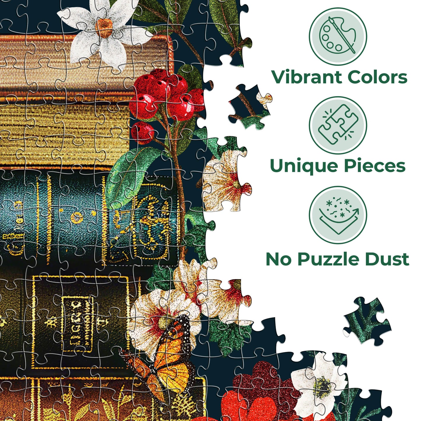 BenBen 1000 Pieces Puzzles for Adults, Vintage Books and Wildflower Jigsaw Puzzle Letters on Back
